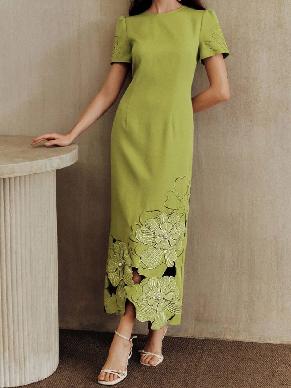 Green Elegant Women's Waist Cinching Dress with Cutout Embroidery and Beads - Picture 6 of 7